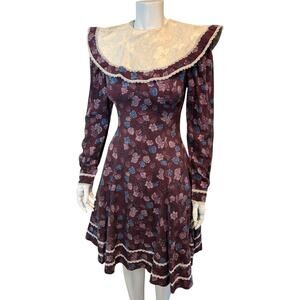 Vintage Gunne Sax Jessica McClintock Purple Floral Statement Collar Dress Small‎